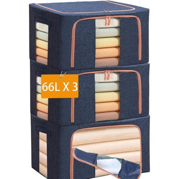 Large Capacity Clothes Storage Bags with Foldable Metal Frame (66L, Navy, 3Pack)